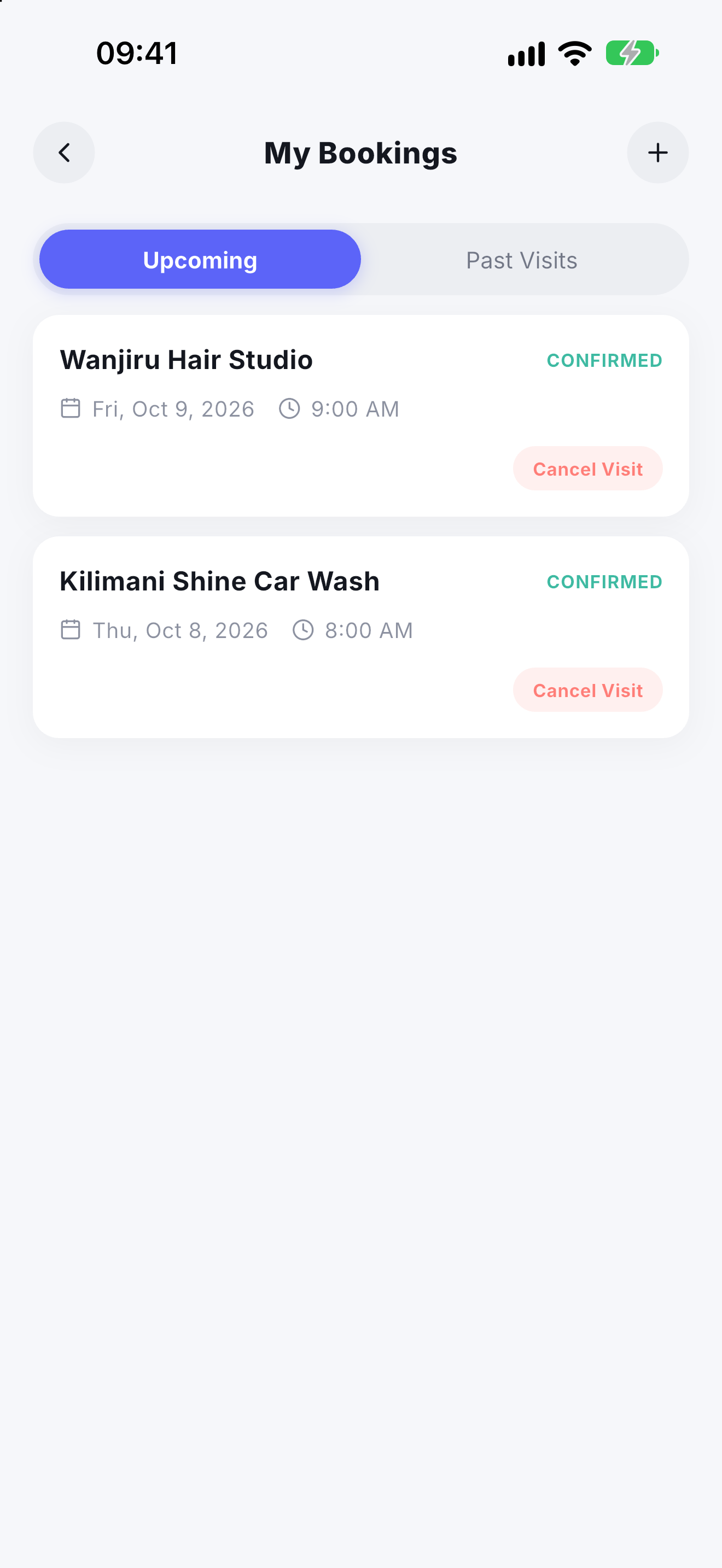 Upcoming bookings in the Zawadi Rewards app at a salon and a car wash, each confirmed