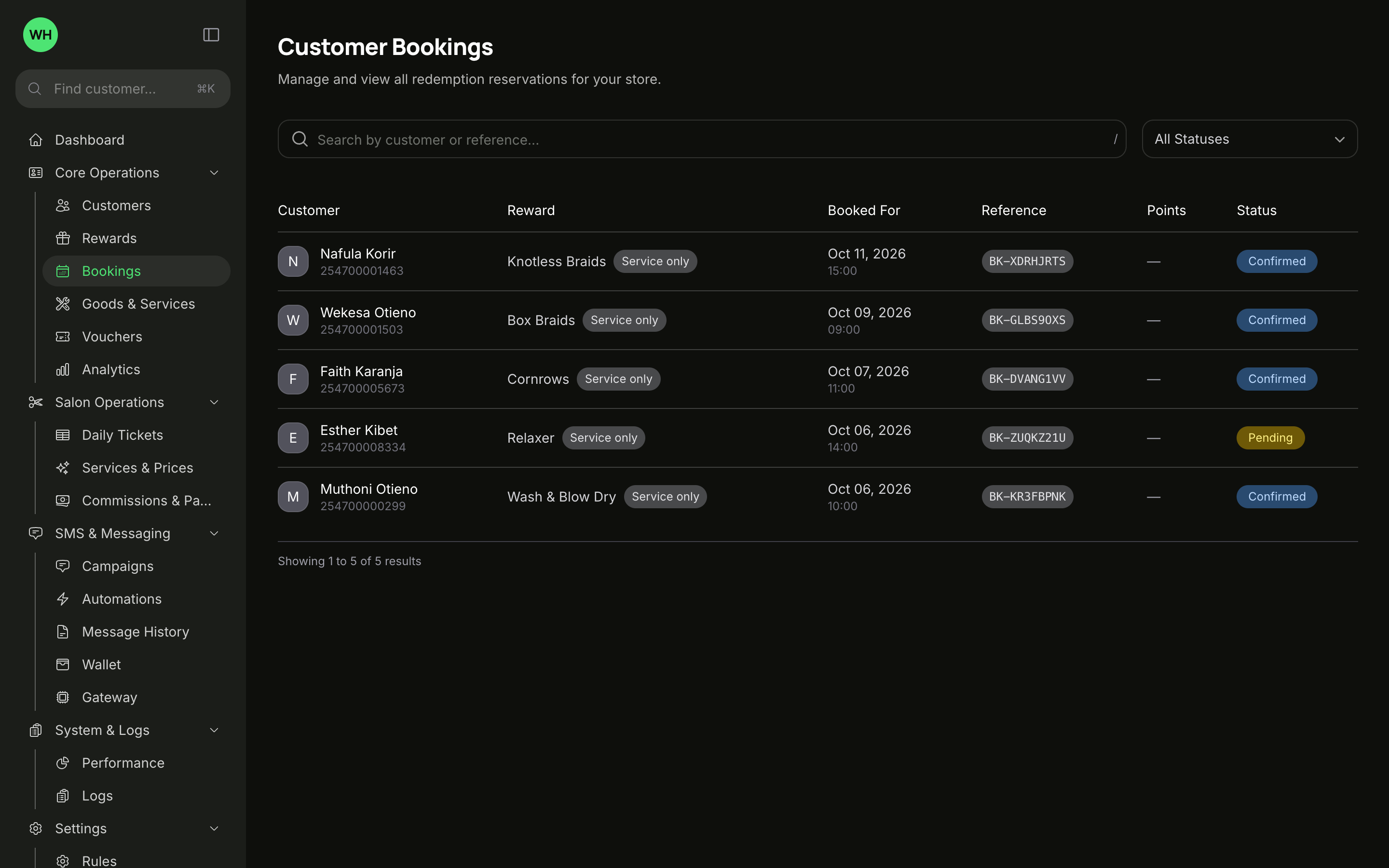 Upcoming bookings in Zawadi for a salon, with each client and the service they booked