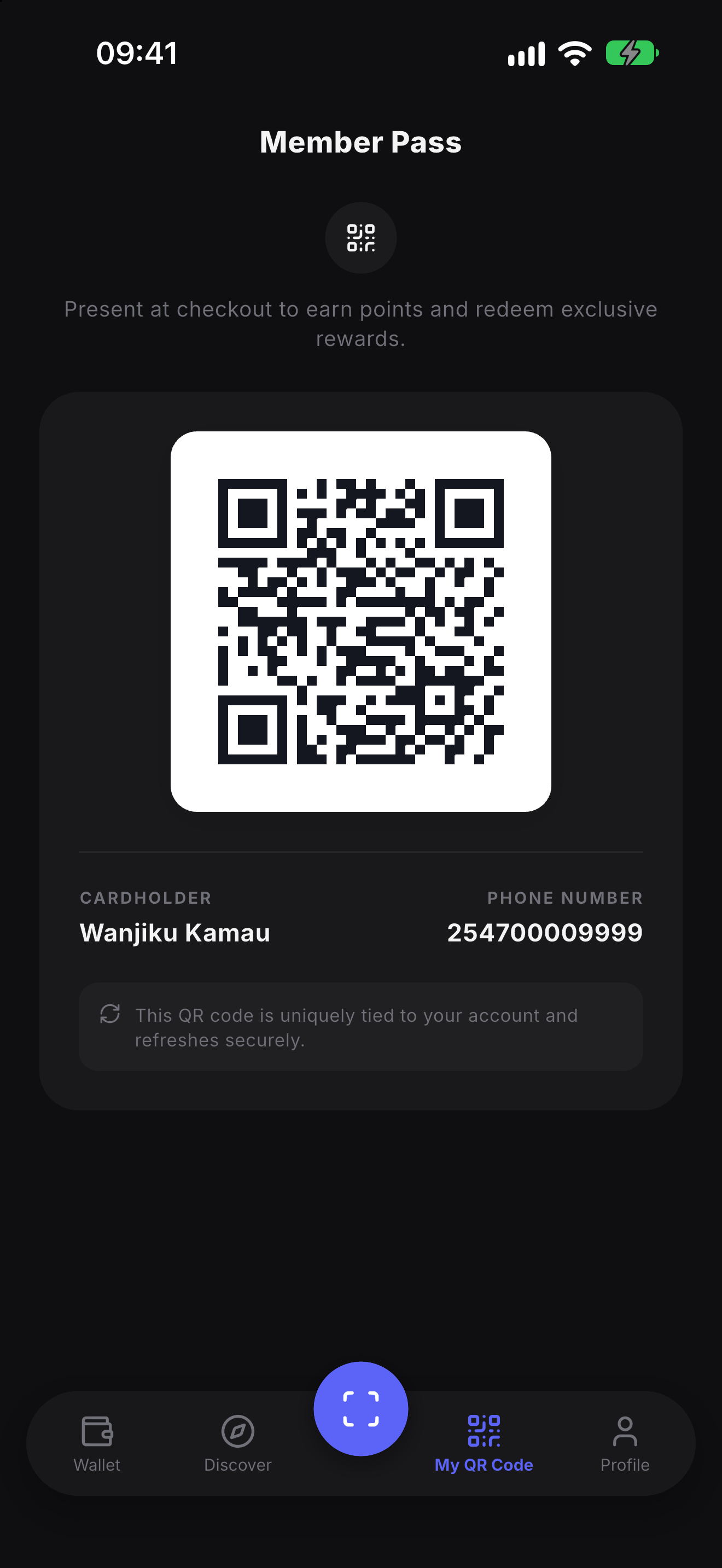 Member pass in the Zawadi Rewards app, a QR code the cashier scans to add points