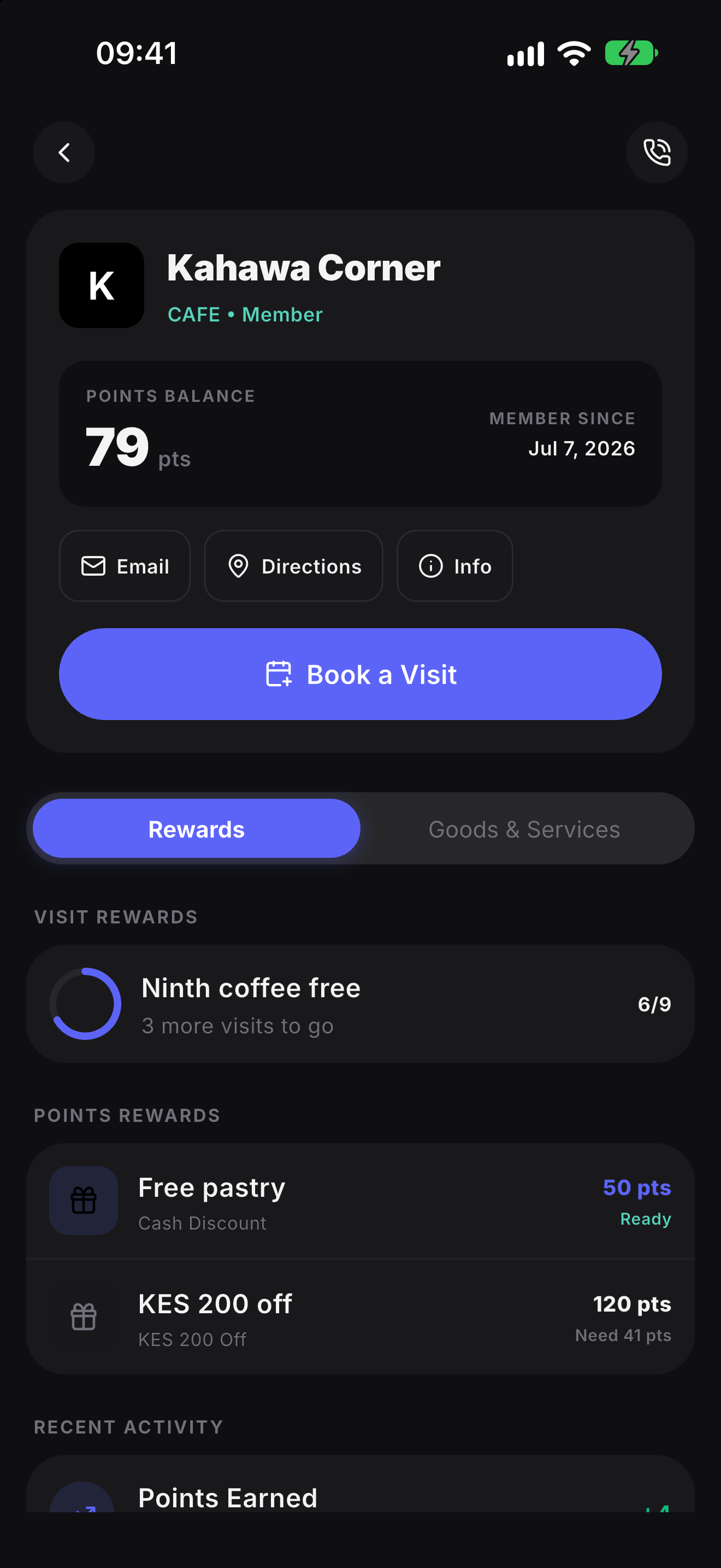 A café loyalty card in the Zawadi Rewards app, with 79 points, a free pastry ready and 41 points to go for KES 200 off