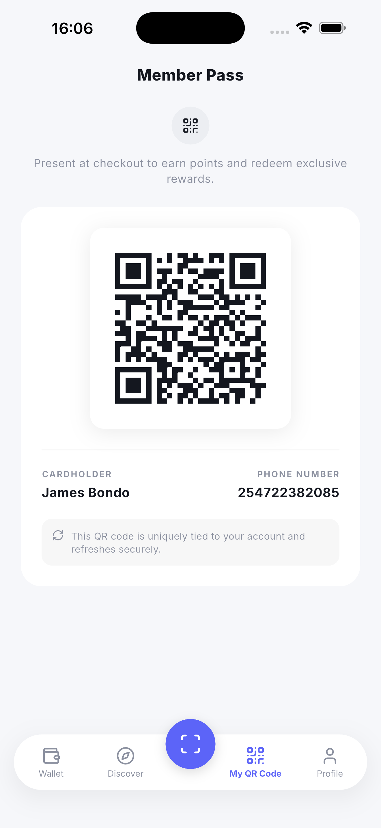 A customer's Zawadi pass showing their points balance and QR code