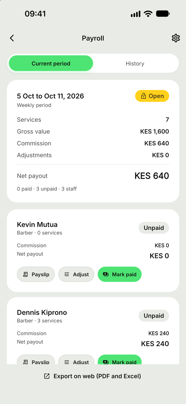 Payroll in the Zawadi merchant app for a barbershop, with each barber's commission for the week