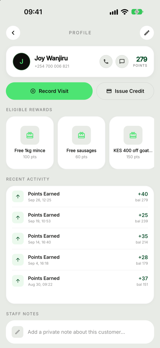 A butchery regular's card with 279 points, free mince, sausages and goat meat discounts to claim
