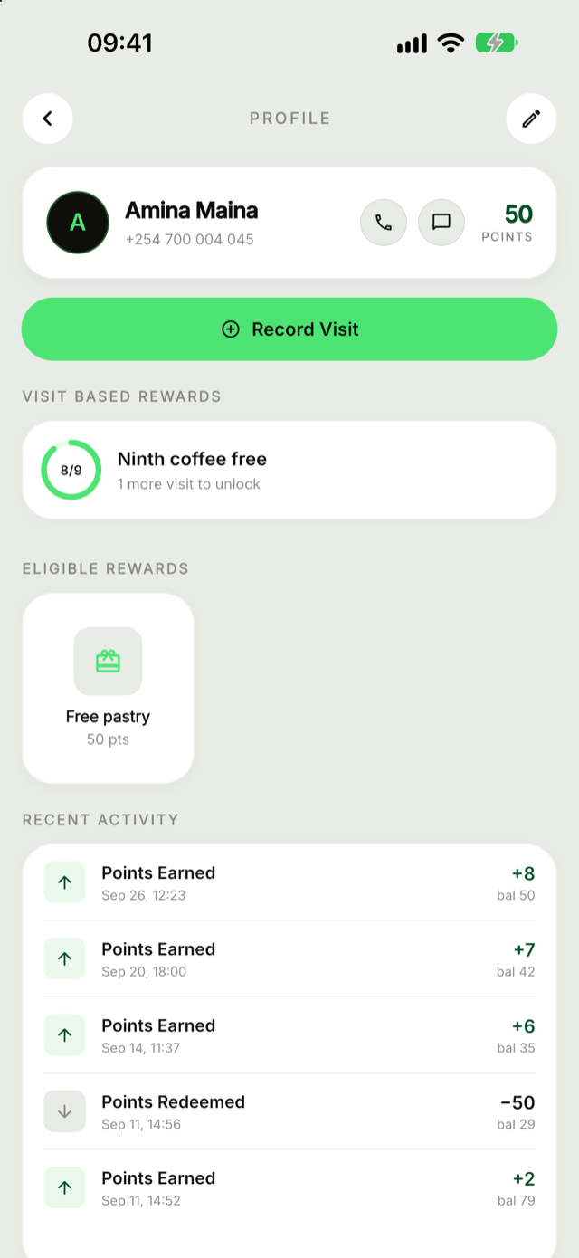 A café regular's coffee card at eight of nine stamps, with points from recent orders