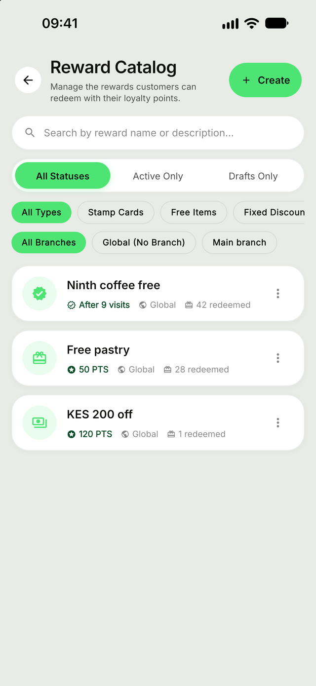 Reward catalogue in the Zawadi merchant app for a café, with the points each reward costs