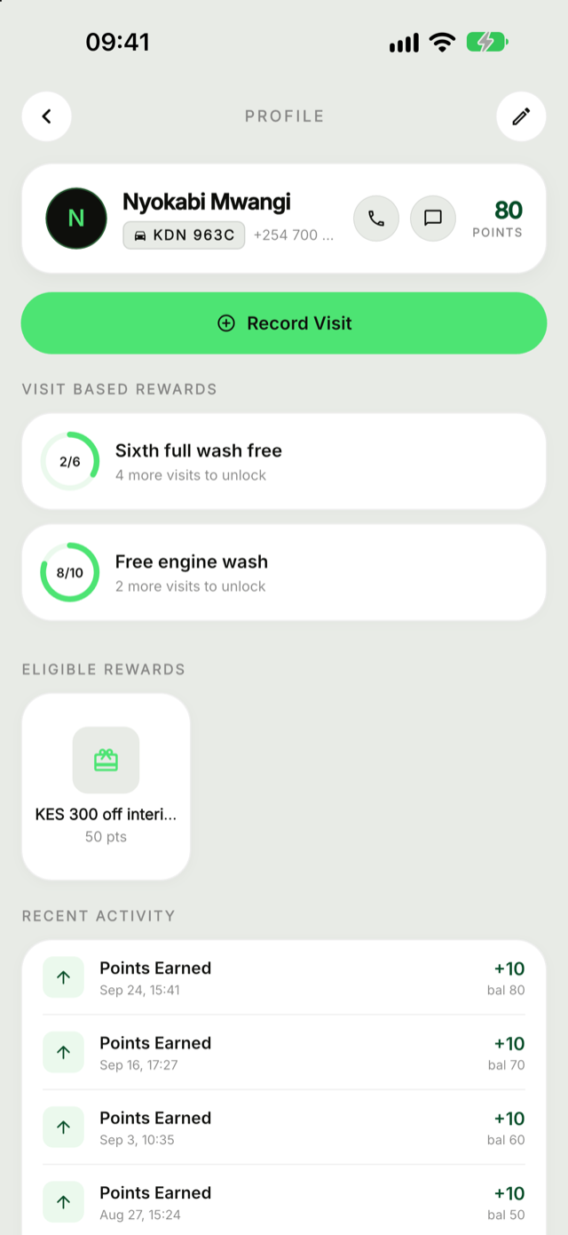 A car wash customer's card with their number plate and progress towards a free full wash and engine wash