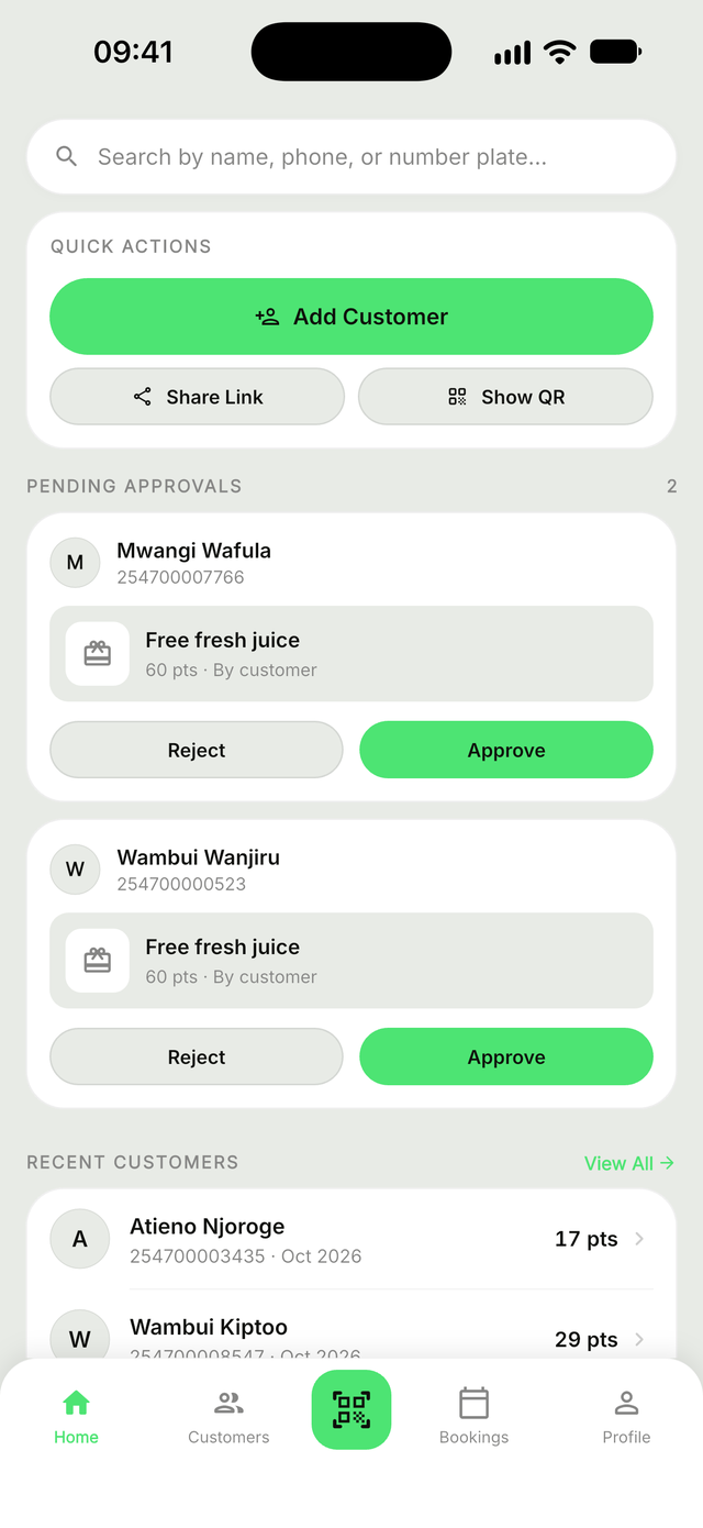 Zawadi Merchant app home screen for a restaurant, with today's visits and quick actions
