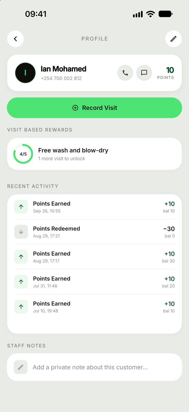 Customer profile in the Zawadi merchant app for a salon client, with visits, points and lifecycle status