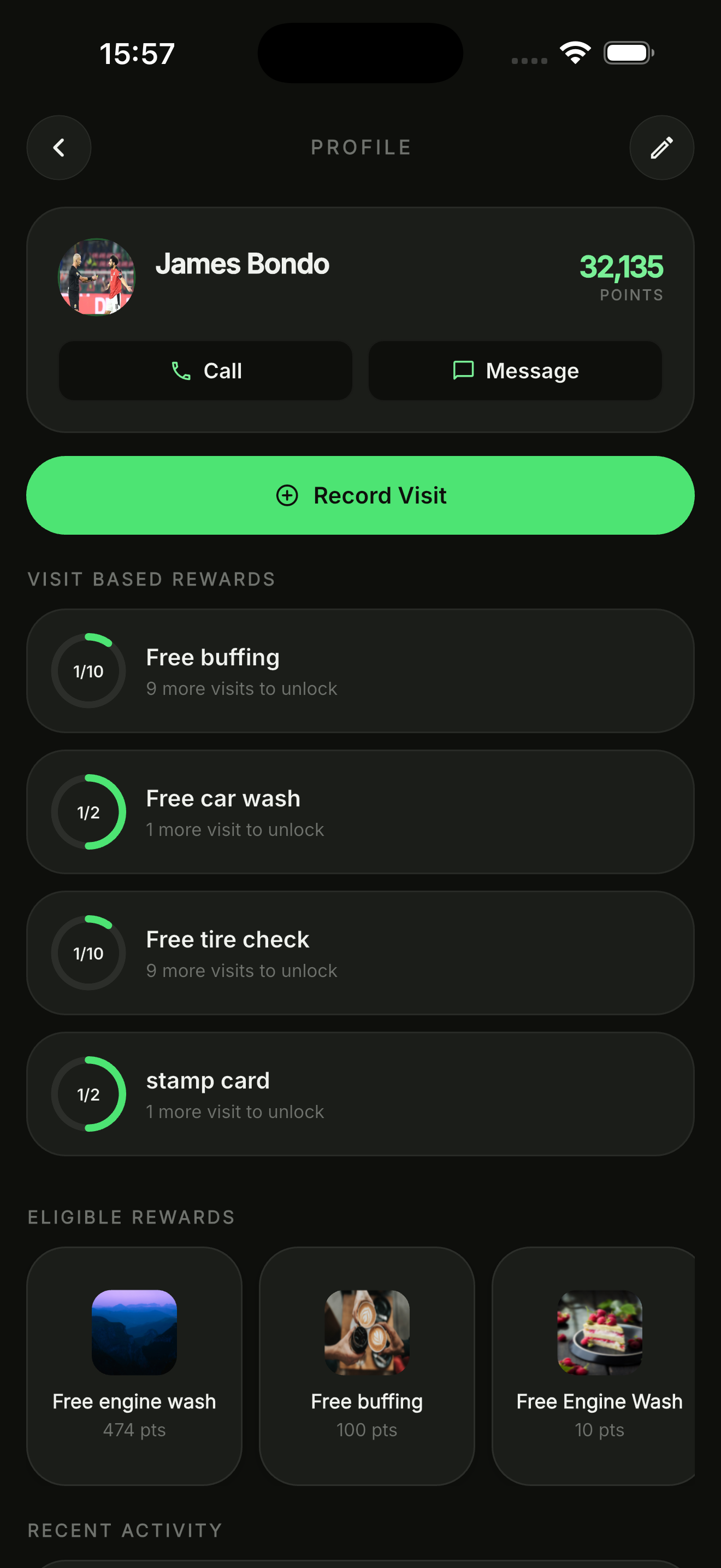 Customer profile in Zawadi showing visits, points and progress towards rewards
