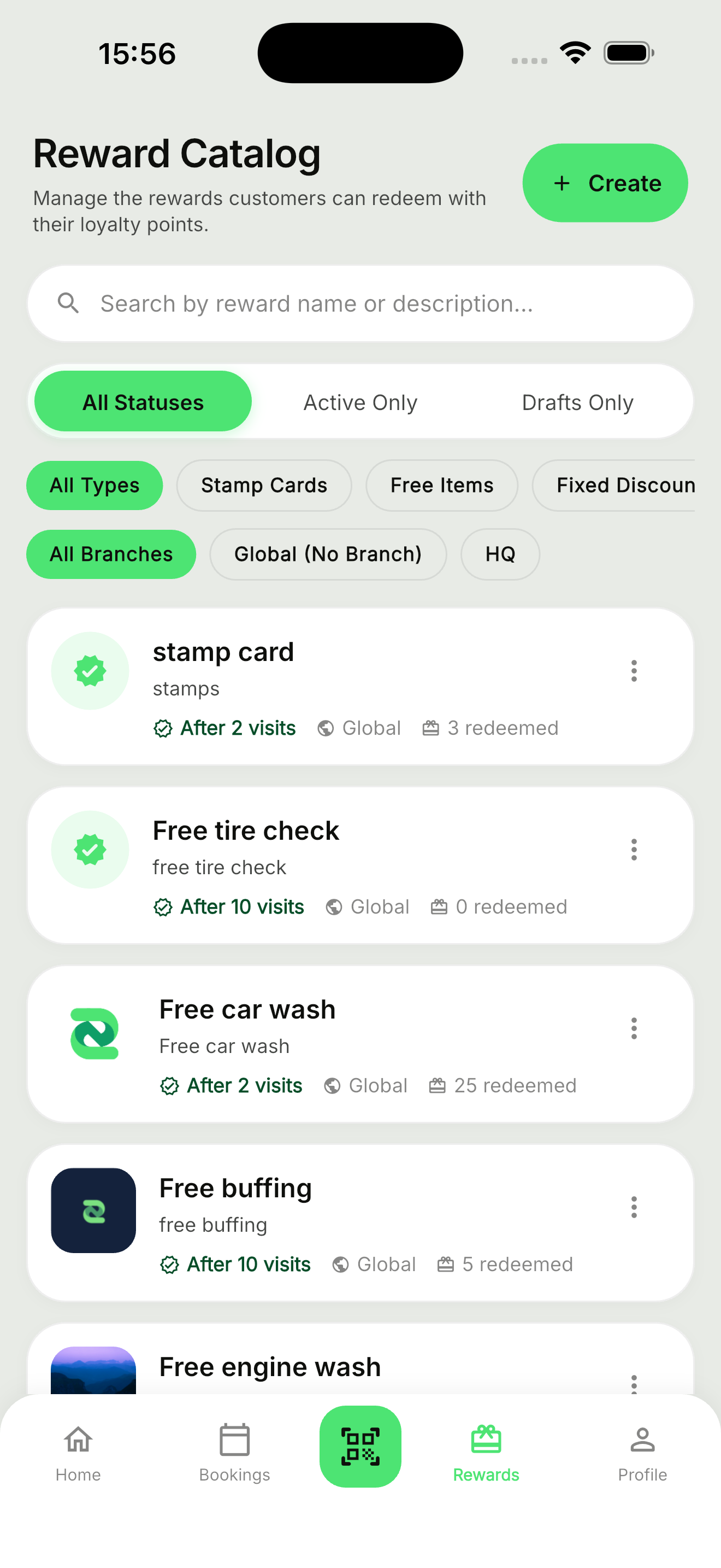 Zawadi reward catalogue showing stamp card rewards and how many visits each needs